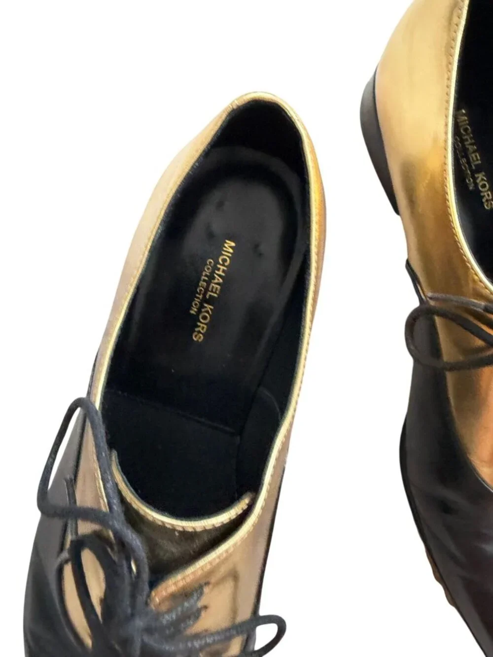 MICHAEL KORS Collection Gold Black Leather Oxford Flats Size 38 / 8